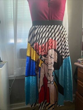 Colorblock Pop-Art Retro Cartoon Pleated Skirt olive oil drinking a coke